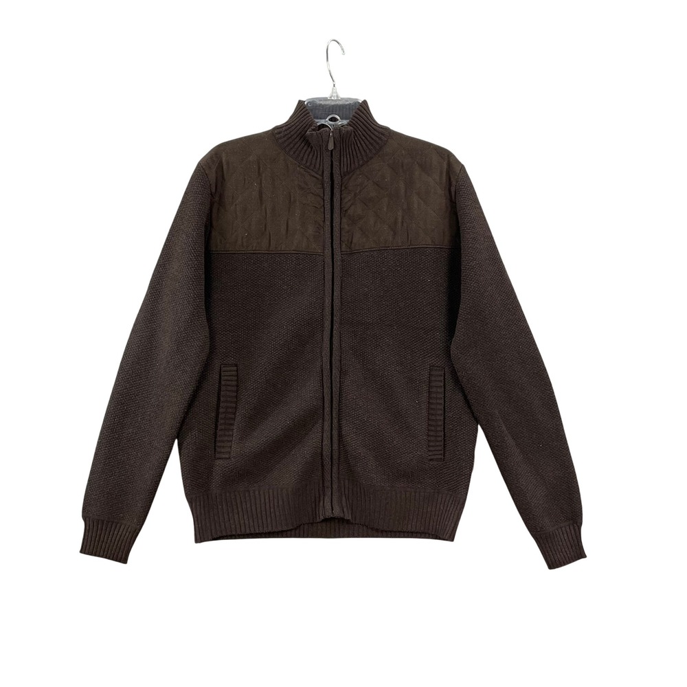 Scott James Full Zip Sweater Mens Large Brown Quilted Yoke Fleece Lined Cardigan